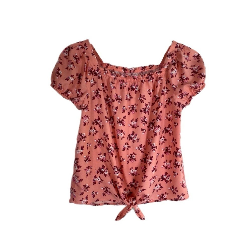 SO Girl’s Pink Floral Knot Front Peasant Blouse